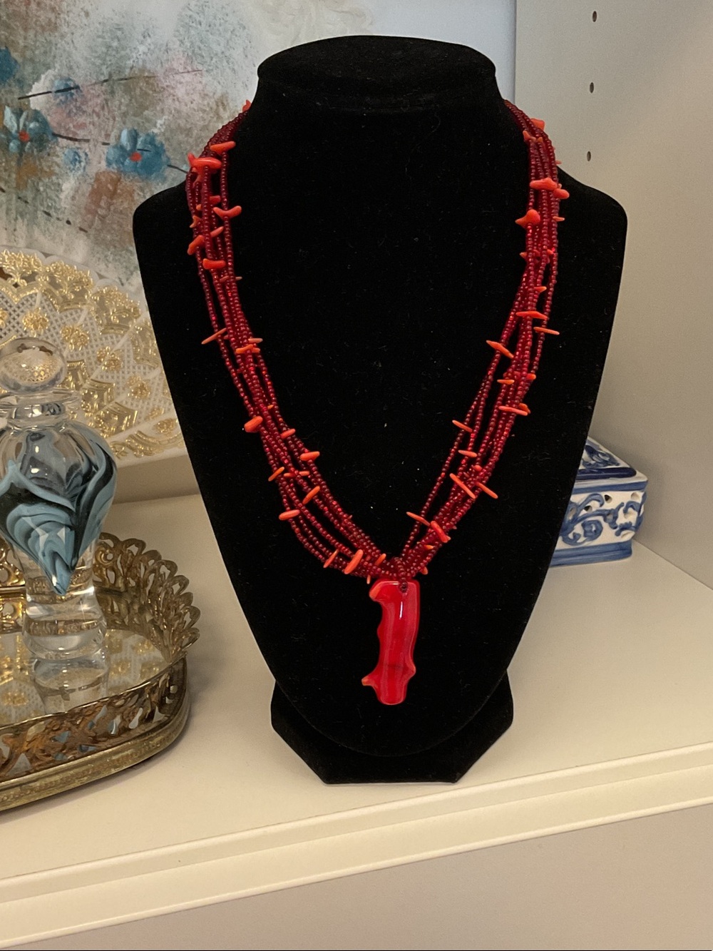 Genuine red coral and glass bead necklace